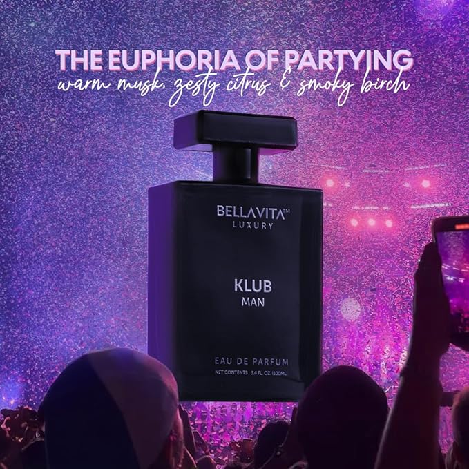 BellaVita Luxury KLUB Men's Eau De Parfum (100ml) | Intense, Masculine Party Perfume for Men | Notes: Lemon, Jasmine, Rose, Musk, Amber and Patchouli | Made with Premium Long-Lasting Perfume Oils