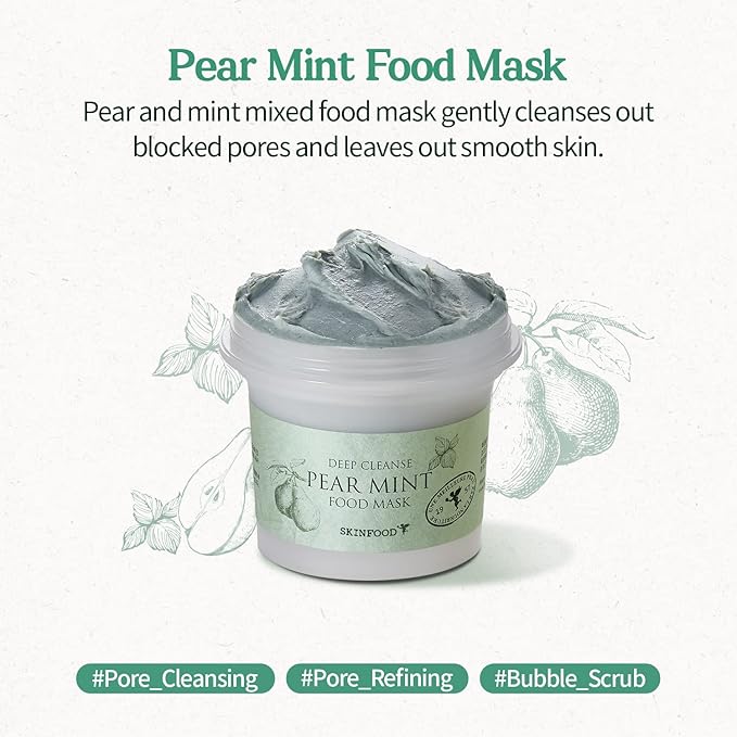 SKINFOOD Mask Pear Mint 120g - Facial Pore Cleanser, Soothing & Hydrating Body Skin - Pore & Sebum Clearing, Cooling Bubbles Scrub Wash Off Face Masks w/Rice Powder - Shower-Proof Texture (4.23 oz)