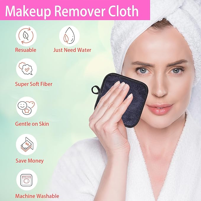 Makeup Remover Cloths for Face, Eye, Lips - Reusable Face Cleansing Cloth Microfiber Makeup Remover Pads 5 x 5 inch 6 Pack (Black)