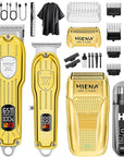 Professional Hair Clipper Set, Rechargeable Cordless Barber Kit and Hair Cutting Set, Electric Foil Shavers and Beard Trimmers, Ear, Nose Hair Trimmer Set & Facial Grooming Tool (Gold)