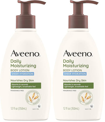 Aveeno Sheer Hydration Daily Moisturizing Fragrance-Free Lotion with Nourishing Prebiotic Oat, Fast-Absorbing Body Moisturizer for Dry Skin with Lightweight, Breathable Feel, 12 fl. oz (Pack of 2)