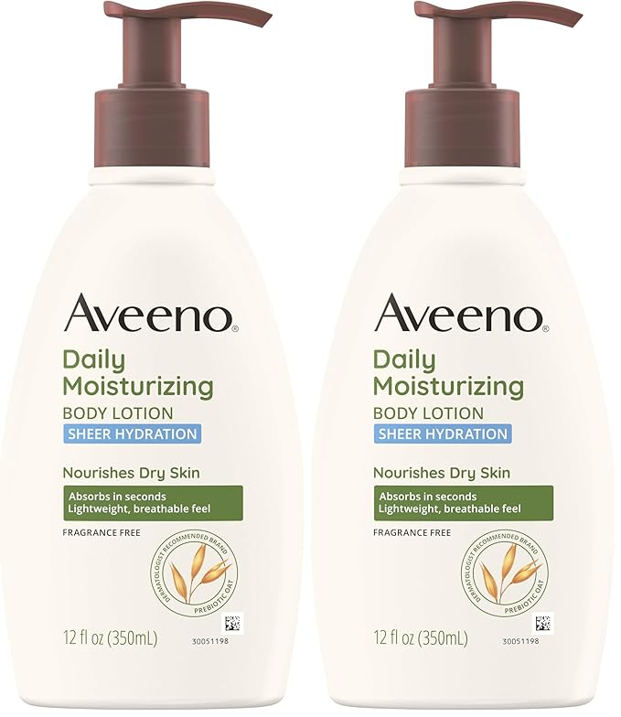 Aveeno Sheer Hydration Daily Moisturizing Fragrance-Free Lotion with Nourishing Prebiotic Oat, Fast-Absorbing Body Moisturizer for Dry Skin with Lightweight, Breathable Feel, 12 fl. oz (Pack of 2)