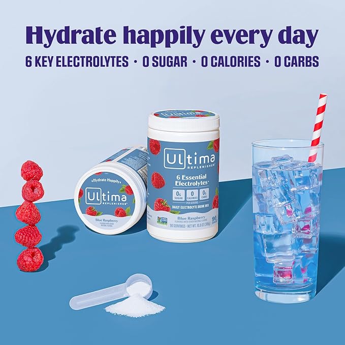 Ultima Replenisher Daily Electrolyte Drink Mix – Blue Raspberry, 90 Serving – Hydration Powder with 6 Key Electrolytes & Trace Minerals – Keto Friendly, Vegan, Non-GMO & Sugar-Free Electrolyte Powder