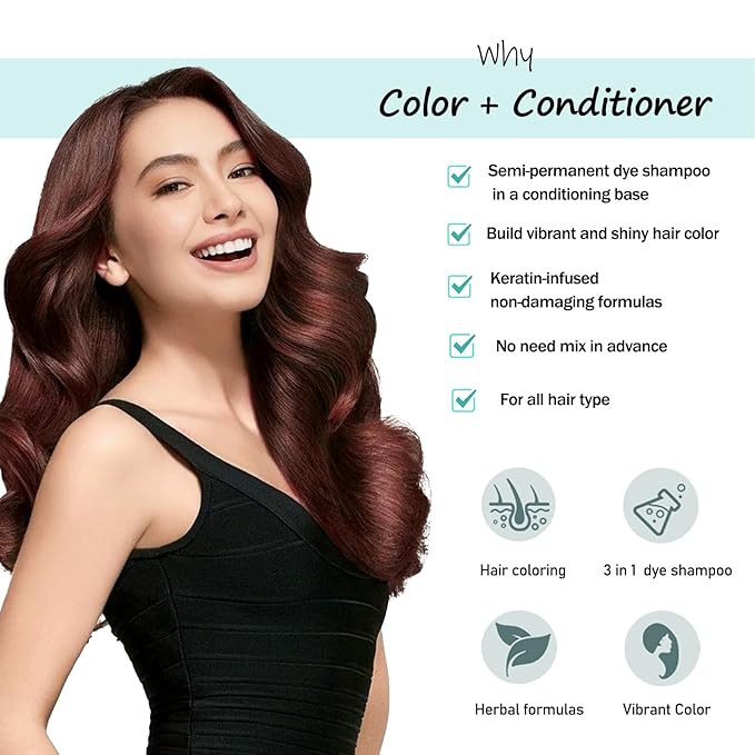 Instant Hair Color Shampoo in Minutes - 3 in 1 Cherry Brown Dye, Long Lasting, Easy to Use