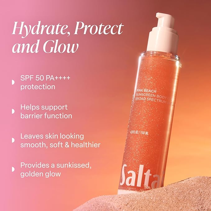 Saltair SPF Body Oil - Broad Spectrum SPF 50 PA++++ Sunscreen. Lightweight Dry Oil with Sun Protection and Moisturizing Kukui & Mongongo Extracts. Pink Beach Scent, 4floz Vacation Essential