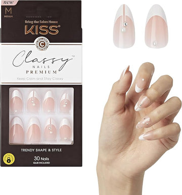 KISS Classy Nails Premium, Press-On Nails, Nail glue included, 'Highlights', French, Medium Size, Almond Shape, Includes 30 Nails, 2g glue, 1 Manicure Stick, 1 Mini File