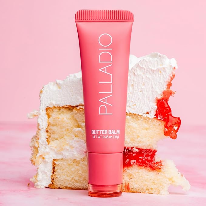 Palladio Butter Balm - Hydrating Lip Balm with Sheer Tint, Aloe, Peptides, Shea Butter, and Vegan Formulation for Instant Moisture, Shine, and Soothing Lip Care, Strawberry Shortcake