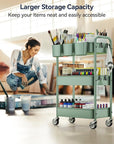 YASONIC 3-Tier Rolling Cart, Green, 66 Pounds Capacity, Mesh Storage Organizer with Lockable Wheels, 3 Hanging Cups, 4 Hooks, Easy Assembly, for Kitchen, Bathroom, Laundry, Grocery