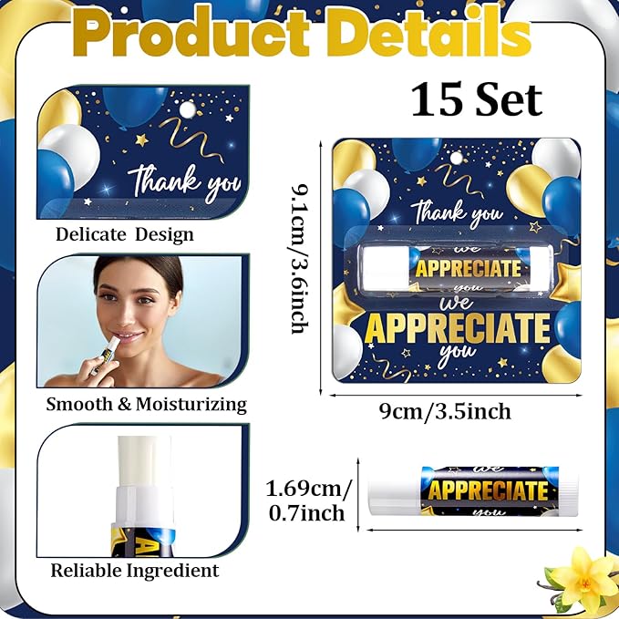 15 Pack Thank You Lip Balm Gifts Bulk, Blue Gold Moisturizing Nourishing Lip Balm Gifts, Appreciation Party Favor for Women Man Coworker Employee We Appreciate You Baby Shower Birthday Party Supplies