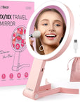 LitBear Travel Makeup Mirror with Lights, Rechargeable Double-Sided 10X/1X Magnifying Mirror, Portable Lighted Beauty Mirror, 3 Color Lighting, Dimmable Touch Screen, Tabletop Handhold Hanging (Pink)