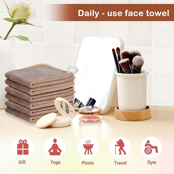 Nugilla Makeup Remover Cloth 12 x 12 Inch, Reusable Makeup Remover Towels for Washing Face, 6 Pack Washable Microfiber Face Cloth Fast Drying Washcloth, Brown