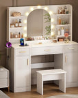 Vanity Desk with Mirror and 11 LED Lights, 43'' Makeup Vanity Table with Power Outlet & Chair, Dressing Table with 3 Drawers, 2 Cabinets and 6 Open Shelfs for Bedroom, White