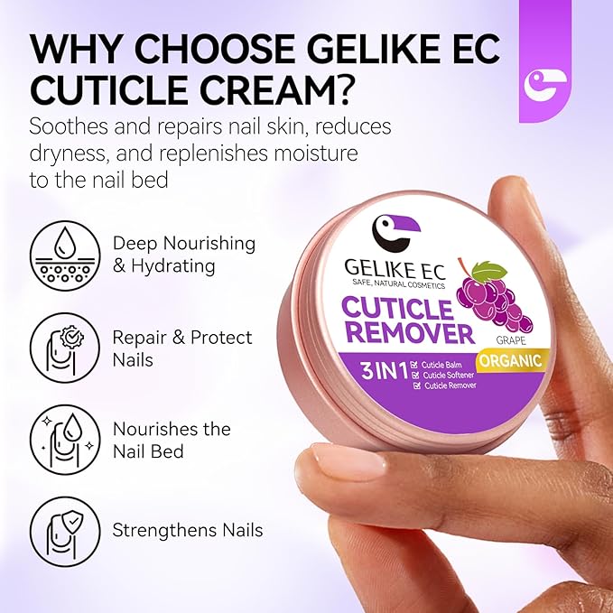 gelike ec Cuticle Care Balm for Nails: Grape Organic Cuticle Softener to Nourish Moisturize Remove Restore Strengthen Dry & Splitting Cuticles