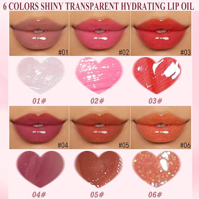 6PCS Fat Oil Lip Gloss Mini,Small Brush Head Hydrating Transparent Lip Glow Oil for Women Moisturizing Tinted Lip Plumper Gloss Longlasting Non-sticky