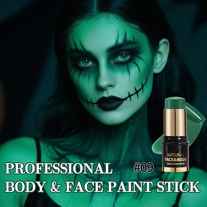 Matte Dark Green Face Body Paint Stick, Colored Professional Full-Coverage Oil-Based Cream Face Painting Stick, Eye Black Sticks for Halloween Cosplay Christmas Party, Foundation Makeup for Adults-09