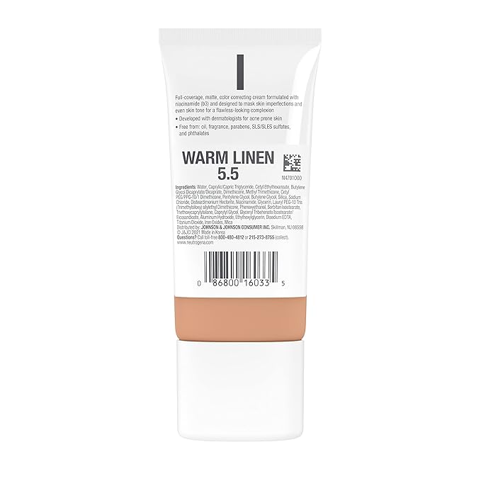 Neutrogena Clear Coverage Flawless Matte CC Cream, Full-Coverage Warm Linen, 1 oz