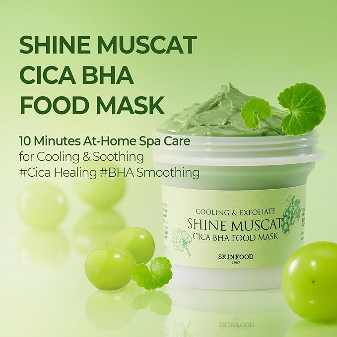 SKINFOOD Shine Muscat Cica BHA Food Mask – Soothing & Cooling Wash-Off Face Mask with Real Shine Muscat, Cica, and BHA – Exfoliating, Pore-Clearing, Vegan Korean Skincare, 180g