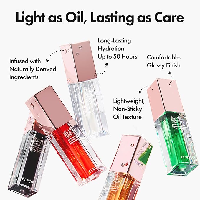 Blanc Essential Lip Oil - 50HR Moisturizing & Hydrating Korean Lip Gloss Makeup with 6 Botanical Extracts - Lightweight, Non-Sticky Clear Essence Overnight Repair 0.15 fl oz (#01 Pure Lychee)