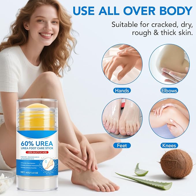 Urea Foot Care Stick, 60% Urea with 2% Salicylic Acid Foot Cream Moisturizer for Dry Cracked Feet, Knees, Elbows, Hands, Moisturizes and Hydrates the Dry Skin, Callus Remover & Skin Softener 1.41 oz