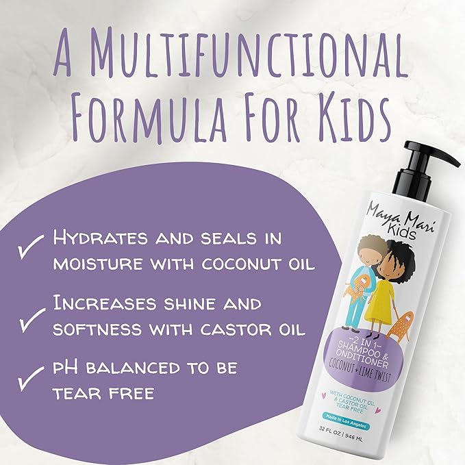 2 in 1 Natural Kids Shampoo and Conditioner, Tear Free | For Toddlers with Curly Hair | For All Kids Hair Types | Coconut & Lime Twist, Made in the USA, 32 Fl Oz