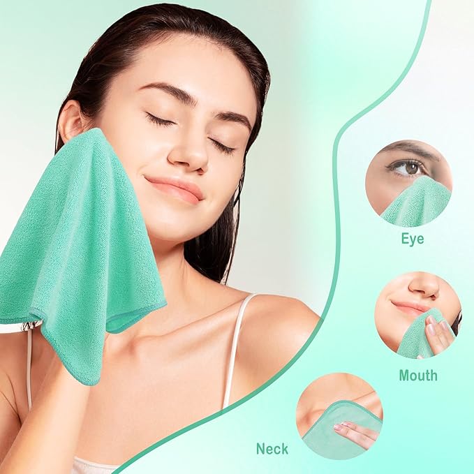 Nugilla Makeup Remover Cloth 12 x 12 Inch, Reusable Makeup Remover Towels for Washing Face, 6 Pack Washable Microfiber Face Cloth Fast Drying Washcloth, Green