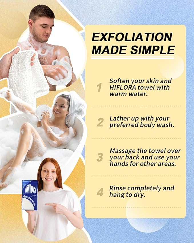 3D Wave Weave Japanese Exfoliating Washcloth, Long Exfoliating Back Scrubber for Shower, Gentle Body Scrub Towel, Korean Style, Cloud (Soft)