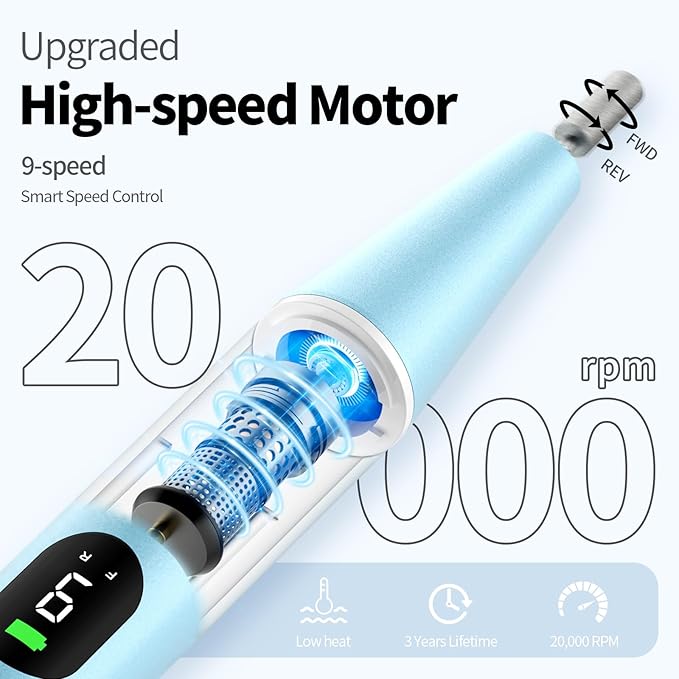 Electric Nail Drill Kit Professional - 9 Speed Cordless Electric Nail File with LED Display, Portable Nail Drill Machine for Acrylic Gel Nails, Hand Feet Trimmer Buffer Tool for Women Men Baby Blue