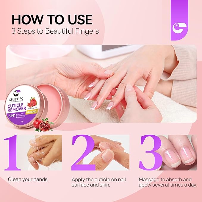 gelike ec Cuticle Care Balm Organic for Women: Pomegranate Natural Cuticle Softener Remover for Men to Smoothe, Repair, rejuvenate, Strengthen & Moisturize Cuticles