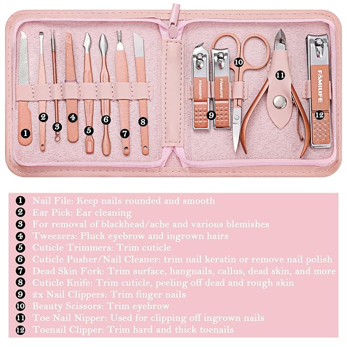 FAMILIFE Manicure Set, Professional Nail Kit Stainless Steel Nail Clipper Set, 13PCS Beauty Tools Manicure Kit Pedicure Tools, with Portable Pink Leather Travel Case for Her