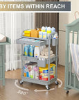 Goovilla 3 Tier Rolling Utility Cart Organizer with Removable Drawer, Stable and Sturdy Grey Rolling Storage Carts with 2 Lockable Wheels for Bathroom, Kitchen, Snack, Craft, Makeup, Baby Essentials