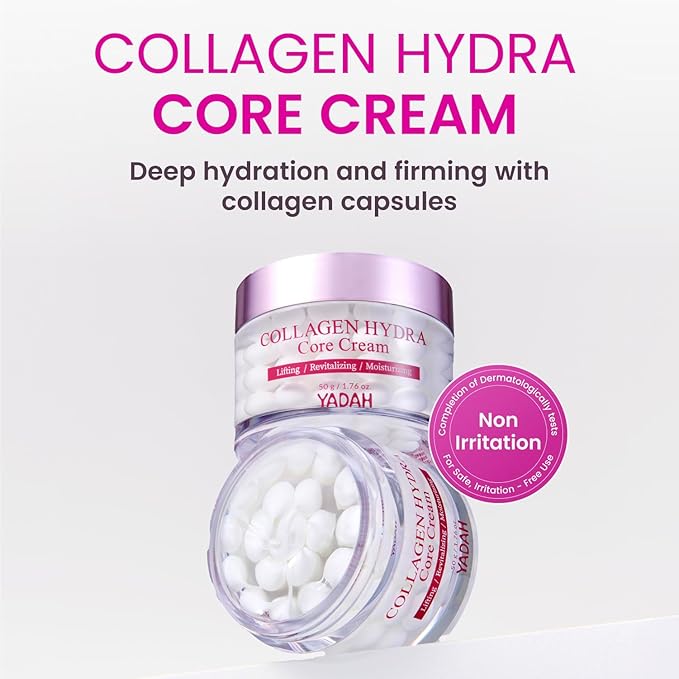YADAH Collagen Hydra Core Cream - Barrier Repair Moisturizer with 10 Types of Hyaluronic Acids, 1000ppm Low Molecular Collagen (Capsule) & Creamide, Deep Hydration for Sensitive Skin, 1.76 oz