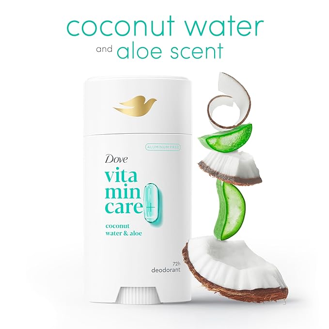 Dove VitaminCare+ Aluminum Free Deodorant Stick Coconut Water & Aloe for 72H Odor Protection Breathable Deodorant for Women 2.6 oz