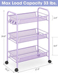 TOOLF 3-Tier Metal Rolling Cart, Mesh Wire Easy Assemble Utility Cart, Storage Trolley on Wheels with 3 Hooks, MetalStorage Shelving Units for Kitchen Bathroom Laundry Room