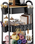 3 Tier Metal Rolling Cart with Wheels and Wooden Table Top, Three Tiered Craft Cart Organizer on Wheels, Black Storage Utility Carts for Art, Diaper Caddy, Baby Nursery, Office, Laundry, Snack, Book