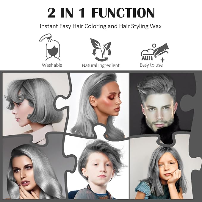 Temporary Silver Gray Hair Spray Color Wax 4.23 oz, Instant Natural Hairstyle Cream Dye, Disposable Coloring Mud for Men Women Youth, Grey Styling Pomades, Party Cosplay DIY Halloween