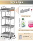 Goovilla 4 Tier Rolling Utility Cart Organizer with Removable Drawer, Stable and Sturdy Grey Rolling Storage Carts with 2 Lockable Wheels for Bathroom, Kitchen, Snack, Craft, Makeup, Baby Essentials