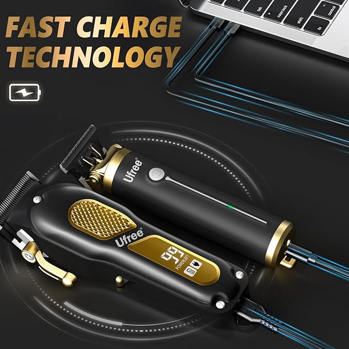 Ufree Hair Clippers for Men, Professional Clippers and Trimmers Set, Cordless Clippers for Hair Cutting, Beard Trimmer, Barber Clippers, Rechargeable Electric Shaver, Gifts for Men, Black Gold