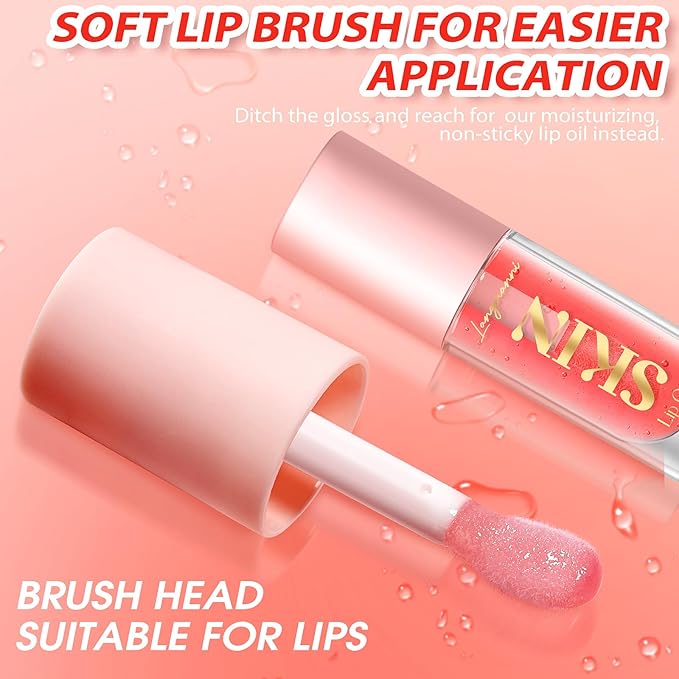 Big Brush Head Lip Glow Oil Plumping Tint, Tinted Lip Balm Transparent Lip Care, Moisturizing Non-sticky Fresh Shiny Texture Lip Oil - Strawberry (Pink)