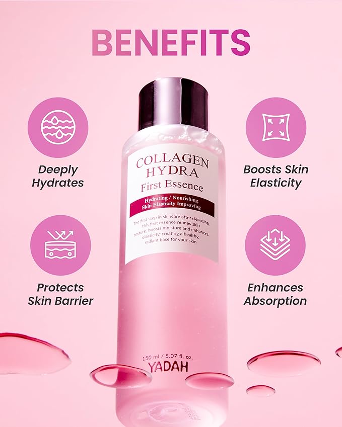 YADAH Collagen Hydra Essence – Deep Hydration, Soothing with 80,000ppm Collagen peptides and Triple Hyaluronic Acid, Centella Asiatica Extract, Niacinamide – 5.07 fl oz