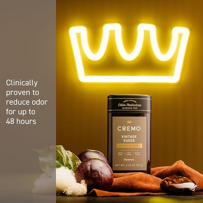 Cremo Vintage Suede Aluminum Free Deodorant for Men, 48-hour Long Lasting Odor Protection, 2.65oz