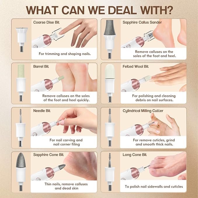 Eletorot Electric Nail File Set for Seniors, 8 in 1 Toenail Grinder Kit for Thick Nails, Professional Manicure and Pedicure Kit, Cordless Pedicure Tools for feet, 5 Speeds Nail Drill Machine