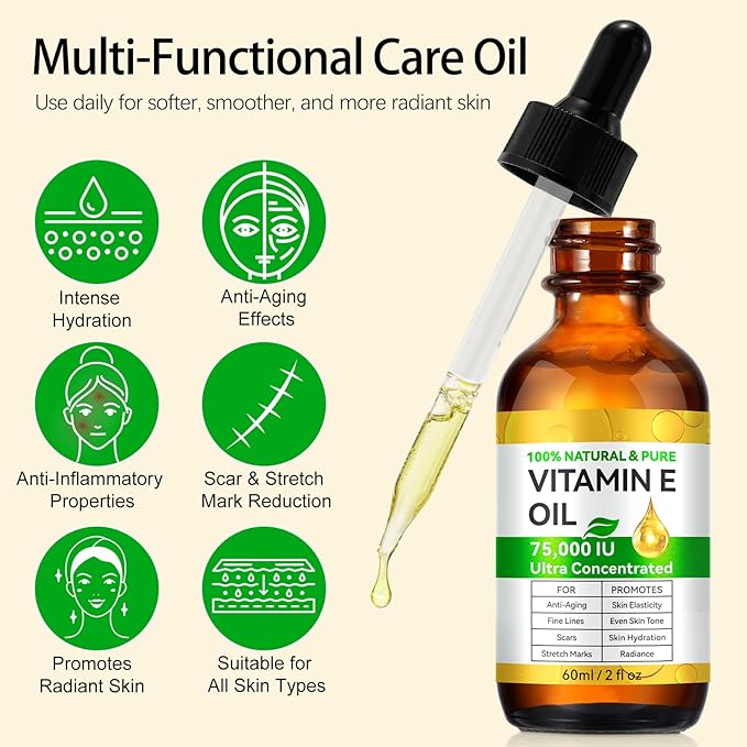 Pure Vitamin E Oil for Scars, Skin and Face, Vitamin E Oil 75,000 IU, O rganic Gua Sha Massage Body Oil for Moisturizing Dry Skin, Reduce Fine Lines, Fade Scars and Stretch Marks | Non-GMO, 60ml
