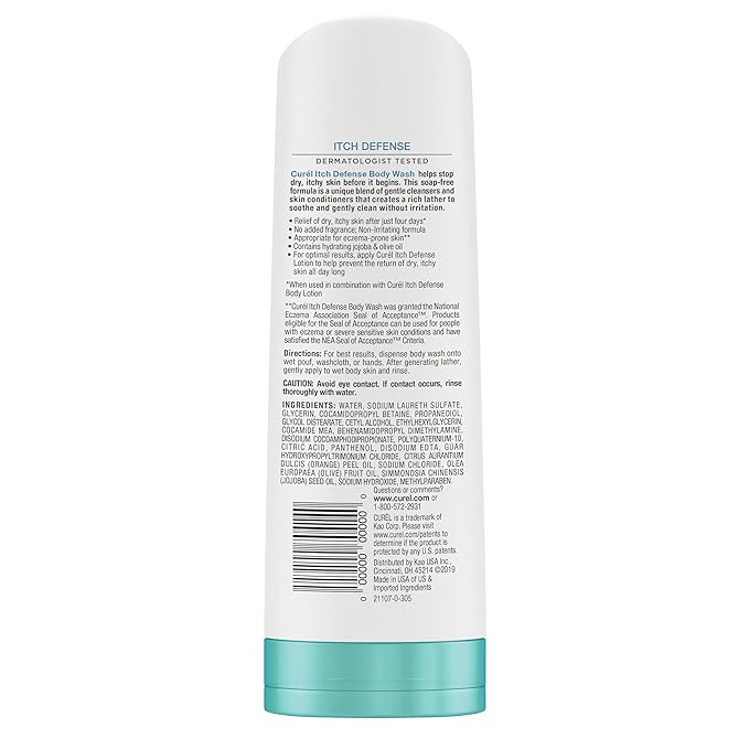 Curel Itch Defense Calming Daily Cleanser, Body Wash, Soap-free Formula, for Dry, Itchy Skin, with Hydrating Jojoba and Olive Oil, 10 Oz, Pack of 3