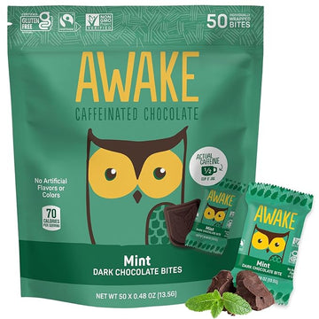 AWAKE - Caffeinated Chocolate Bites - Mint Dark Chocolate, 50 Bites - 50mg Caffeine - Individually Wrapped Energy Bites - Coffee Alternative - Fairtrade, Gluten Free, Non GMO - 0.48oz