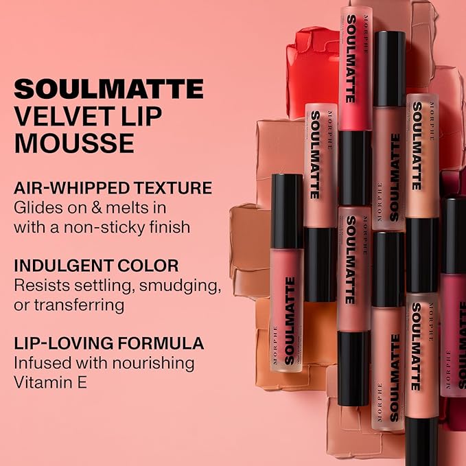 Morphe Soulmatte Velvet Lip Mousse Matte Lipstick - Air-Whipped, Soft Matte Lip Makeup with Vitamin E to Hydrate, Soften and Smooth Lips - First Kiss (0.128 Oz)