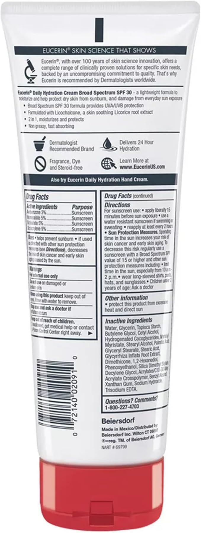 Eucerin Daily Hydration Broad Spectrum SPF 30 Sunscreen Body Cream for Dry Skin, Fragrance Free Sunscreen Moisturizer, 8 Oz Tube