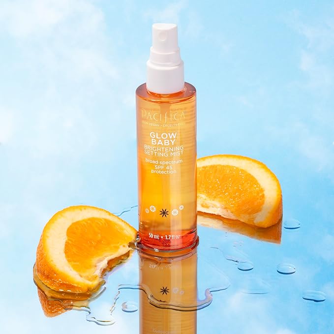 Pacifica Beauty Glow Baby Brightening Setting Mist, Broad Spectrum SPF 45, Makeup Setting Spray, UVA/UVB Protection, Blue Light Protection, Facial Mist, Suncare, Skin Care, Vegan, 1.7 fl oz (1 Count)