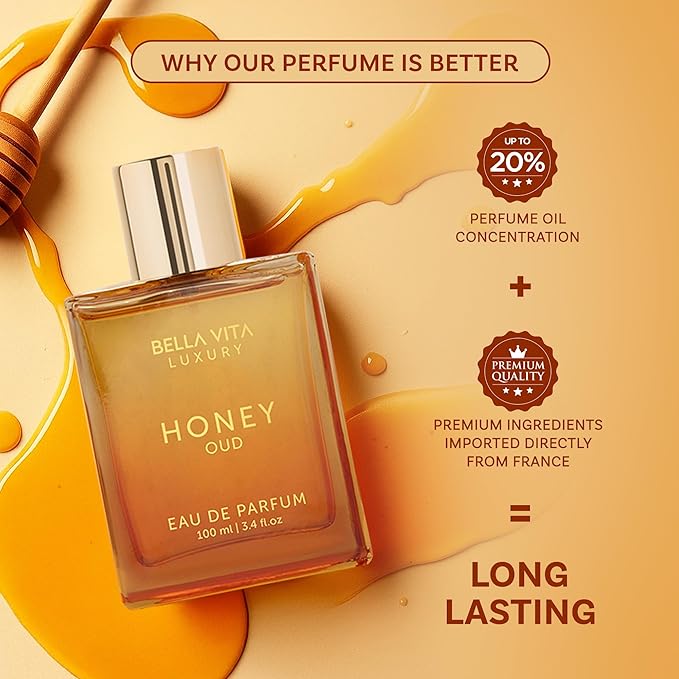 BellaVita Luxury Honey Oud Eau de Parfum (3.4 fl. oz.) | Patchouli, Vanilla, Bergamot, Floral & Spicy + Made with Clean & Vegan Essentials Oils + Cruelty Free | Long-Lasting Unisex Fragrance