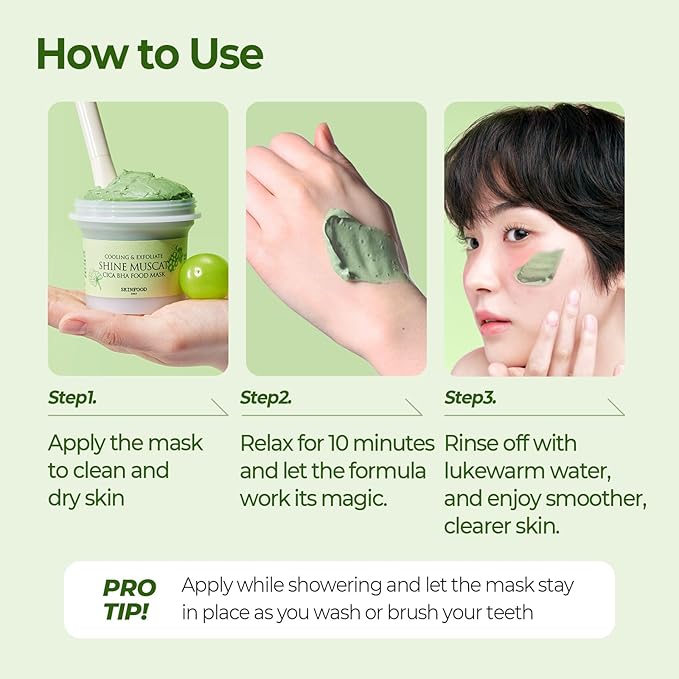 SKINFOOD Shine Muscat Cica BHA Food Mask – Soothing & Cooling Wash-Off Face Mask with Real Shine Muscat, Cica, and BHA – Exfoliating, Pore-Clearing, Vegan Korean Skincare, 180g