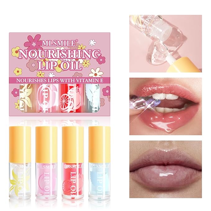 Hydrating Lip Oil，4PCS Fruit Transparent Lip Gloss Set，Big Brush Shiny Transparent Korean Lip Gloss Plumping，Non-sticky Tinted Toot Lip Balm for Lip Care，Repairing Primer Lip Oil Care Product